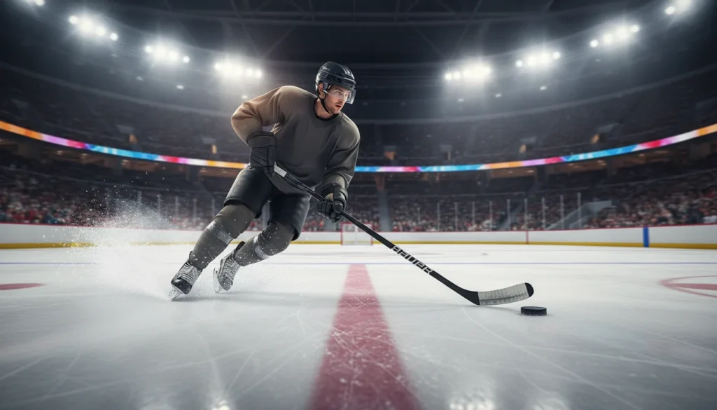 Eishockeyspieler in Aktion unter hellen Scheinwerfern einer Eishockey-Arena