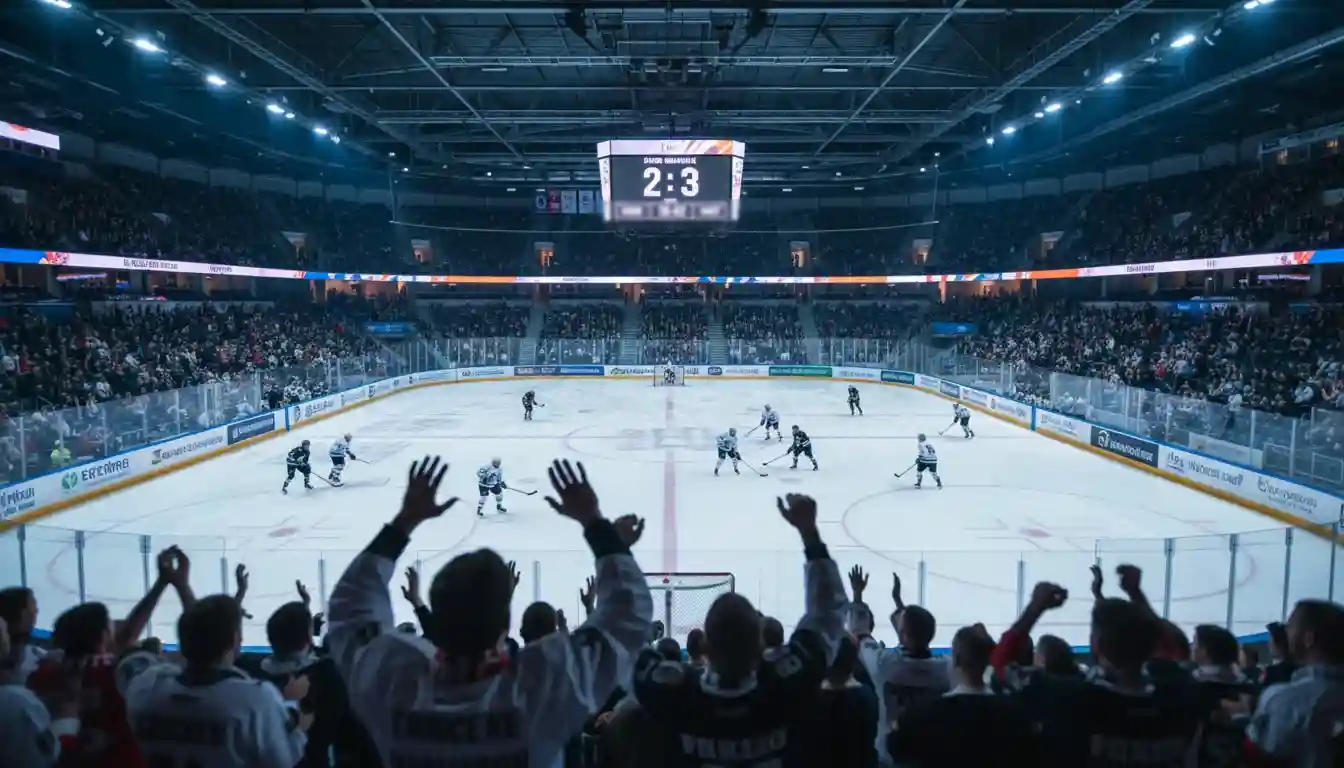 Fans verfolgen ein Eishockeyspiel live im Stadion mit Anzeigetafel
