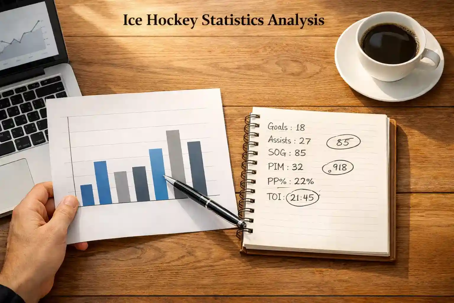 Person analysiert Eishockey-Statistiken an einem Schreibtisch mit Notizen