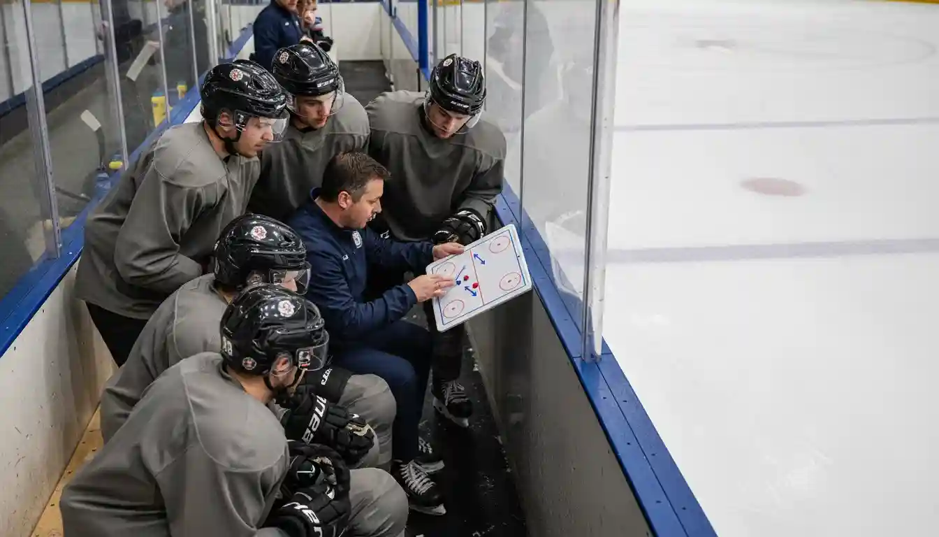 Eishockeymannschaft bei einer Strategiebesprechung auf der Bank