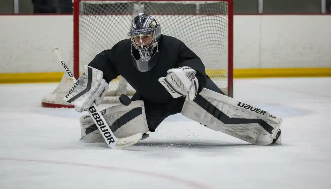Eishockey-Torhüter hält einen Schuss in Nahaufnahme