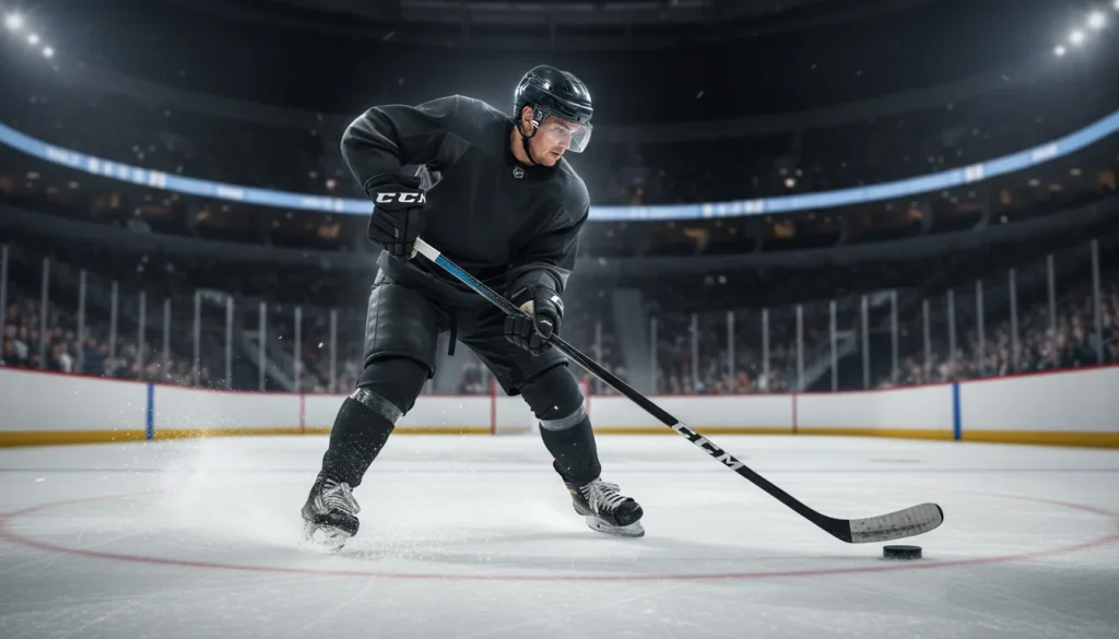 Eishockeyspieler schiesst den Puck aufs Tor in einer beleuchteten Arena