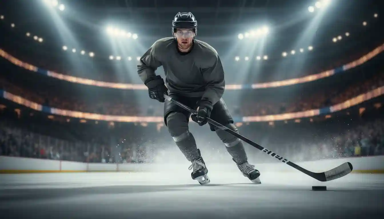 Eishockeyspieler auf dem Eis unter Flutlicht in einer Arena