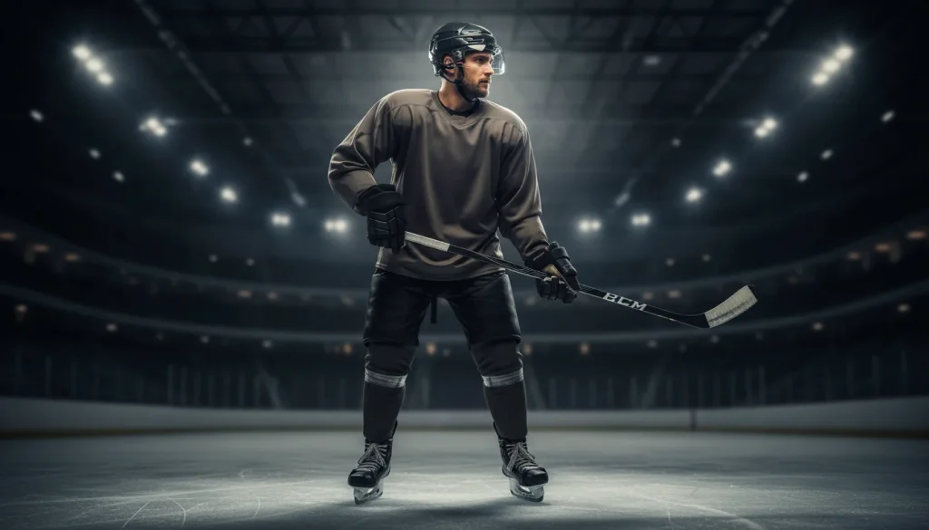 Eishockeyspieler mit Helm und Schläger blickt konzentriert auf das Spielfeld