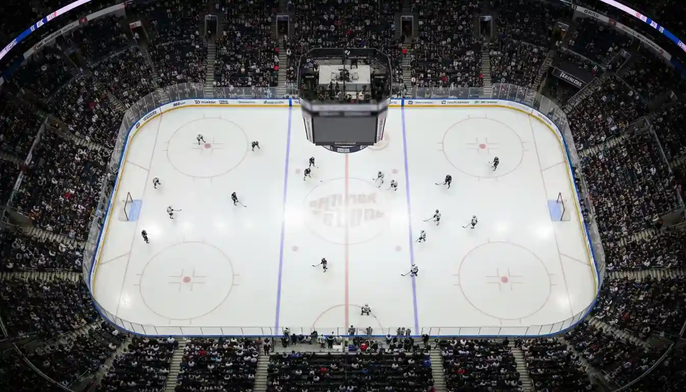 NHL-Arena aus der Vogelperspektive mit Eisfläche und Zuschauern
