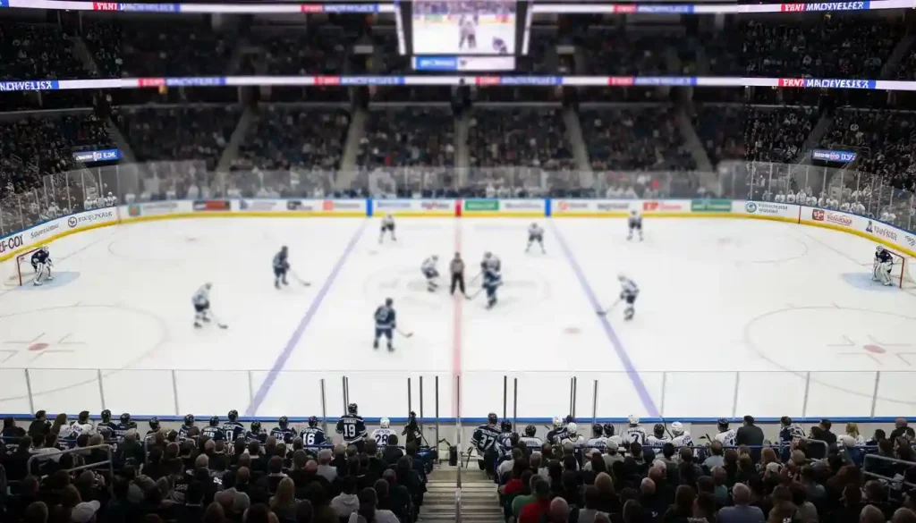 NHL-Eishockeyspiel in einer vollen Arena mit Spielern auf dem Eis